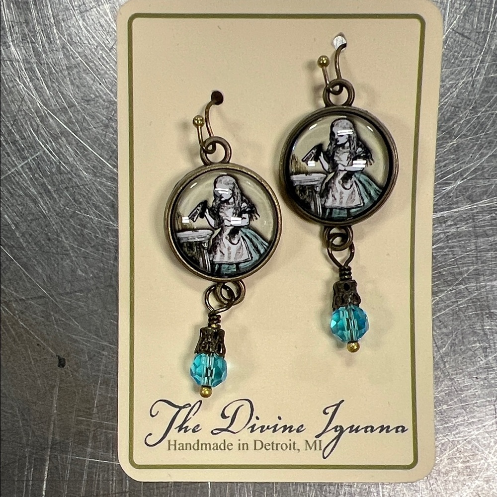 Alice in Wonderland Earrings with Blue Beads